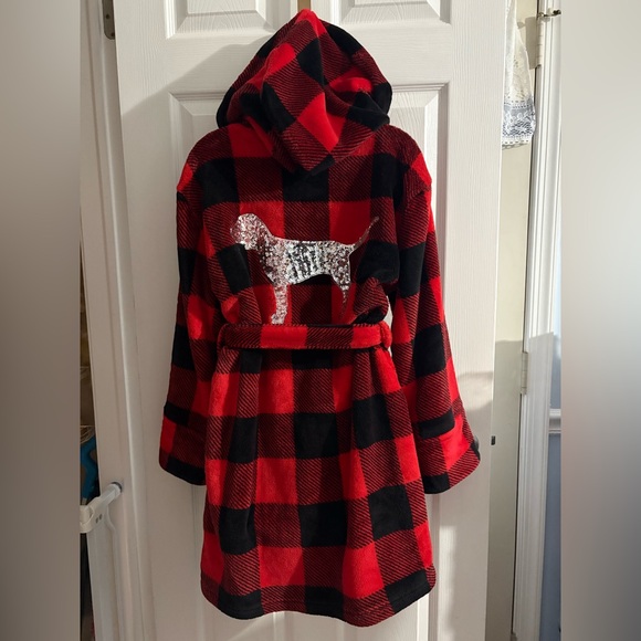NWOT PINK Victoria’s Secret buffalo plaid bling fleece hooded robe, Size XS/S - Picture 4 of 16